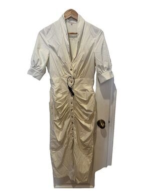 Modesees Ivory Ruched Button Front Puff Sleeve Midi Dress NWT Large